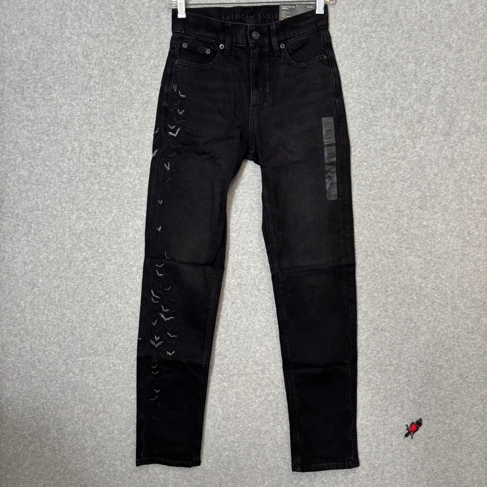 American Eagle Women's 000 Reg Black Denim Jeans High-Rise Bat Embroidered‎ Goth